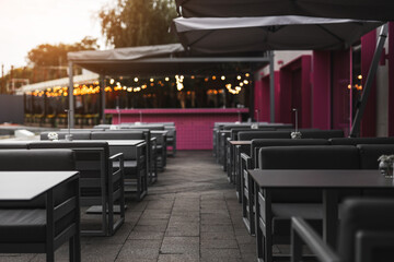 empty tables and chairs on the restaurant terrace during covid, restaurant quarantine restrictions