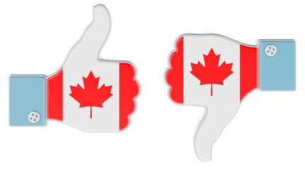 Canadian flag painted on the hand with thumb up and thumb down. Like and dislike in Canada, concept. 3D rendering