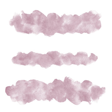 Mauve, Pale Purple Uneven Watercolor Stripes, Brush Strokes, Smudges, Rounded Artistic Banners Set. Watercolour Stains Painted Text, Border Templates.  Aquarelle Textured Shapes Collection. 