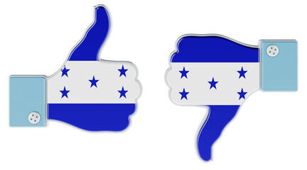 Honduranian flag painted on the hand with thumb up and thumb down. Like and dislike in Honduras, concept. 3D rendering