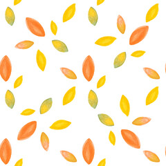 Seamless pattern with hand-drawn watercolor orange and yellow leaves on white. Abstract background. Organic, natural, freshness concept for textile, print, etc.