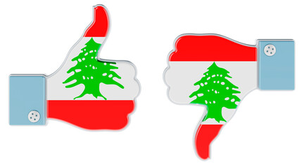 Lebanese flag painted on the hand with thumb up and thumb down. Like and dislike in Lebanon, concept. 3D rendering