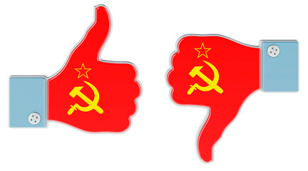 USSR flag painted on the hand with thumb up and thumb down. Like and dislike in USSR, concept. 3D rendering