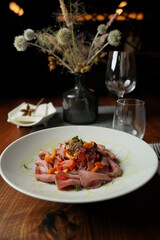 Autumn ukrainian restaurant dish with meat and mushrooms and vegetables