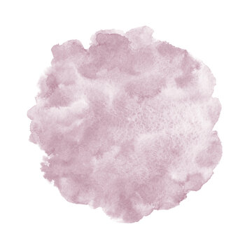 Mauve, Pale Purple Watercolor Stains Painted Artistic Texture. Round, Uneven Circle Shape Watercolour Background For Text, Cards, Banners. Rounded Brush Stroke. Hand Drawn Aquarelle Fill.