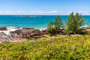Fototapeta na wymiar Beach view with waves, rocks and vegetation