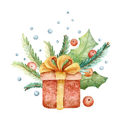 Cute christmas children's illustration. Bright watercolor Ney Year red gift box, holly berries, leaves, branches. Elements isolated on white background. Hand painted cozy kids design winter collection