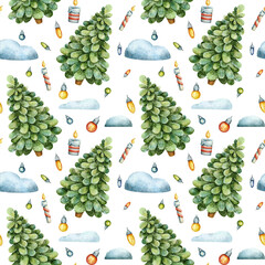 Watercolor cute christmas tree seamless pattern. Fir tree, string lights, candles. Hand painted cozy spruce illustration isolated on white background. Colorful, bright cosy New Year textile, wrapping