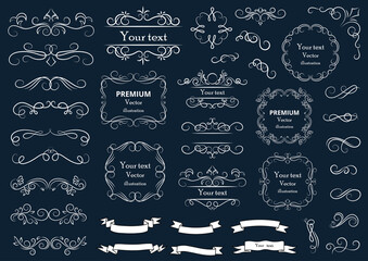 Calligraphic design elements . Decorative swirls or scrolls, vintage frames , flourishes, labels and dividers. Retro vector illustration