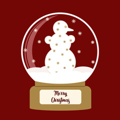 Merry Christmas glass ball with snowflakes and a snowman in the snow. Winter souvenir toy, snow globe