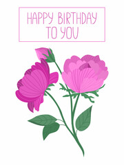Birthday greeting card with lettering and flowers. Cute hand-drawn roses. Postcard for girl and woman