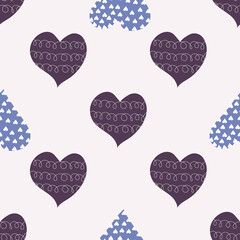 A pattern of purple hearts with an ornament for use in festive design