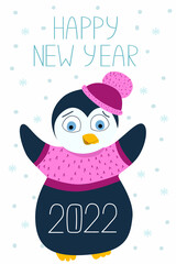 Happy new year 2022. Cute drawn penguin character wearing a hat. Greeting christmas card for print and email newsletter