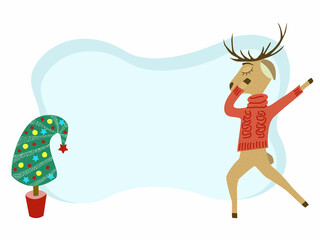 Christmas frame for inscriptions and text with a deer and a Christmas tree. Christmas banner with a deer dancing for Christmas. Cartoon print.