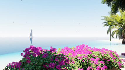 8K Ultra Hd. Palm trees on the beach. Blue sea, and blue sky landscape. Paradise beach. Beautiful tropical beach and sea with silhouette of coconut palm tree. 3D Rendering. 