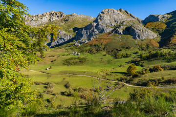 Autumn landscape in the town of Valle de Lago in Somiedo, Asturias. Spain 