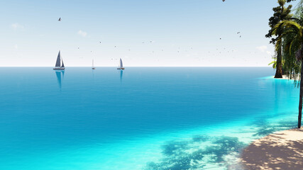 Obraz premium Blue sky over the sea and beach. Waves washing the sand. Palm trees on the caribbean tropical beach. Vacation travel background. 3d rendering. 