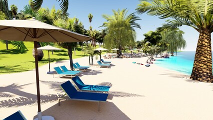 Blue sky over the sea and beach. Waves washing the sand. Palm trees on the caribbean tropical beach. Vacation travel background. 