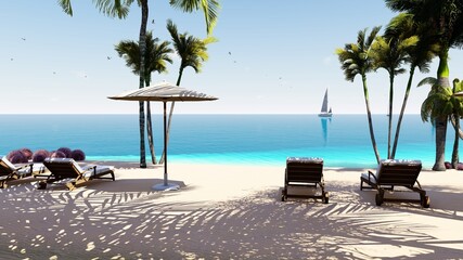 Blue sky over the sea and beach. Waves washing the sand. Palm trees on the caribbean tropical beach. Vacation travel background. 
