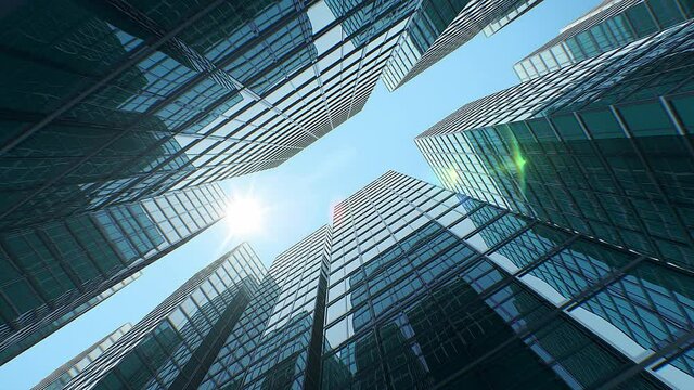 Sun Shining Over Business Center from Morning to Evening Time-lapse. Modern Downtown Skyscrapers Moving Sun Light Abstract Beautiful 3d Animation. 4k UHD 3840-2160