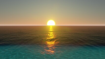 Colorful sunset above the sea surface with sail boats, aerial view. Reflected sun on a water surface. Sunset over ocean. Seascape, Summer and travel vacation concept. 3d rendering.