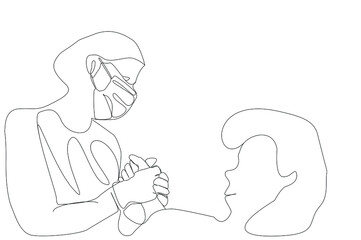 doctor talking to patient before surgery and patient laughing trusting doctor. doctor and nurse in mask and uniform hold patient's hand