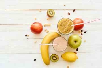 fresh fruit cocktail breakfast dessert organic wood background