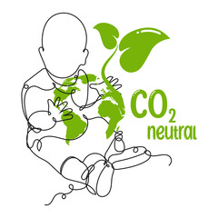 Carbon CO2 neutral. Vector illustration. Continuous line drawing little baby with Earth globe. Cute child one line sketch on white background. Concept for greeting card, banner, poster, flyer