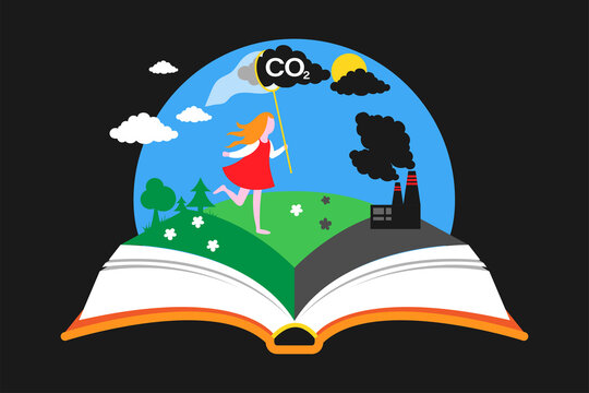 Girl catches clouds of polluted air with a butterfly net. Carbon dioxide capture technology.  Vector illustration