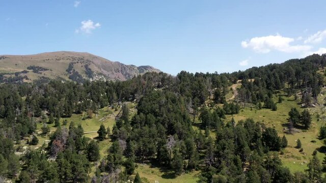 survol d'un lac de montagne et des forets dans les Pyr&eacute;n&eacute;es-Orientales, sud de la France, parc naturel des Bouillouses