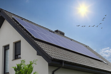 Modern house with solar panels on the roof. © MAXSHOT_PL