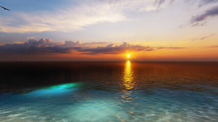 Obraz premium 7680x4320. Panorama of sea sunrise, ocean sunrise, seascape. Romantic colorful sunset at the sea. The sun touches horizon. 3d rendering