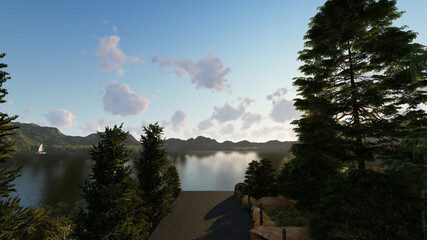 7680x4320. Panorama of sea sunrise, ocean sunrise, seascape. Romantic colorful sunset at the sea. The sun touches horizon. 3d rendering