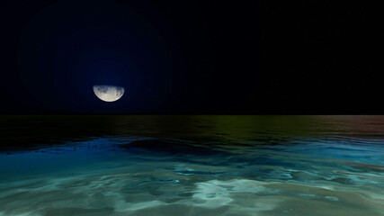 This photo illustration of a deep blue moonlit ocean at night with calm waves would make a great travel background for any coastal region or vacation. 3d rendering.
