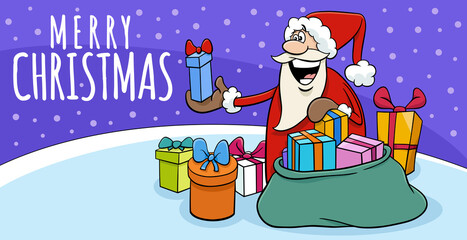 greeting card with Santa Claus giving presents on Christmas time
