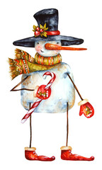 Christmas snowman by hand drawn in watercolor.  Bright snowman with hat, cute scarf and Christmas elements. Illustration in vintage style.
