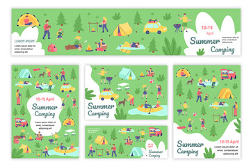 Summer camping poster and banner templates set. Family resting in nature with tent, preparing food on campfire, barbecue picnic. Cover brochure with tiny people in flat design. Vector illustration.