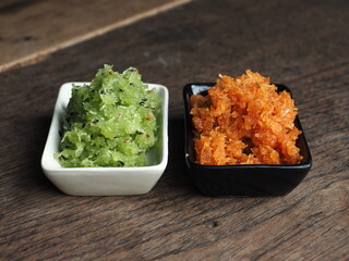 sweet grated coconut with pandan and shrimp flavor for thai traditional dessert