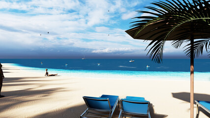 Blue ocean wood sand beach nature tropical palms Island. Caribbean sea and sky. Small wild beach chairs. landscape Island. Palms turquoise sea background Atlantic ocean. 3D Rendering.