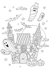 Coloring book page for Halloween. Cartoon castle with ghosts, bats and pumpkins at night.