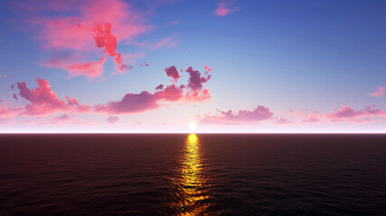 Sunset over the sea and beach. Waves washing the sand, 3d rendering.