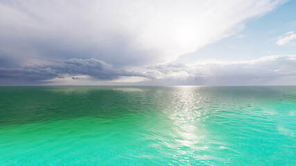 Sunset over the sea and beach. Waves washing the sand, 3d rendering.