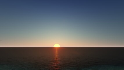 Sunset over the sea and beach. Waves washing the sand, 3d rendering.