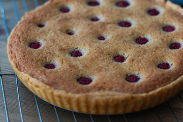 A close up of a home baked raspberry bakewell tart with fresh fruit and pastry. Pie is sat on cooling rack showing pastry and filling