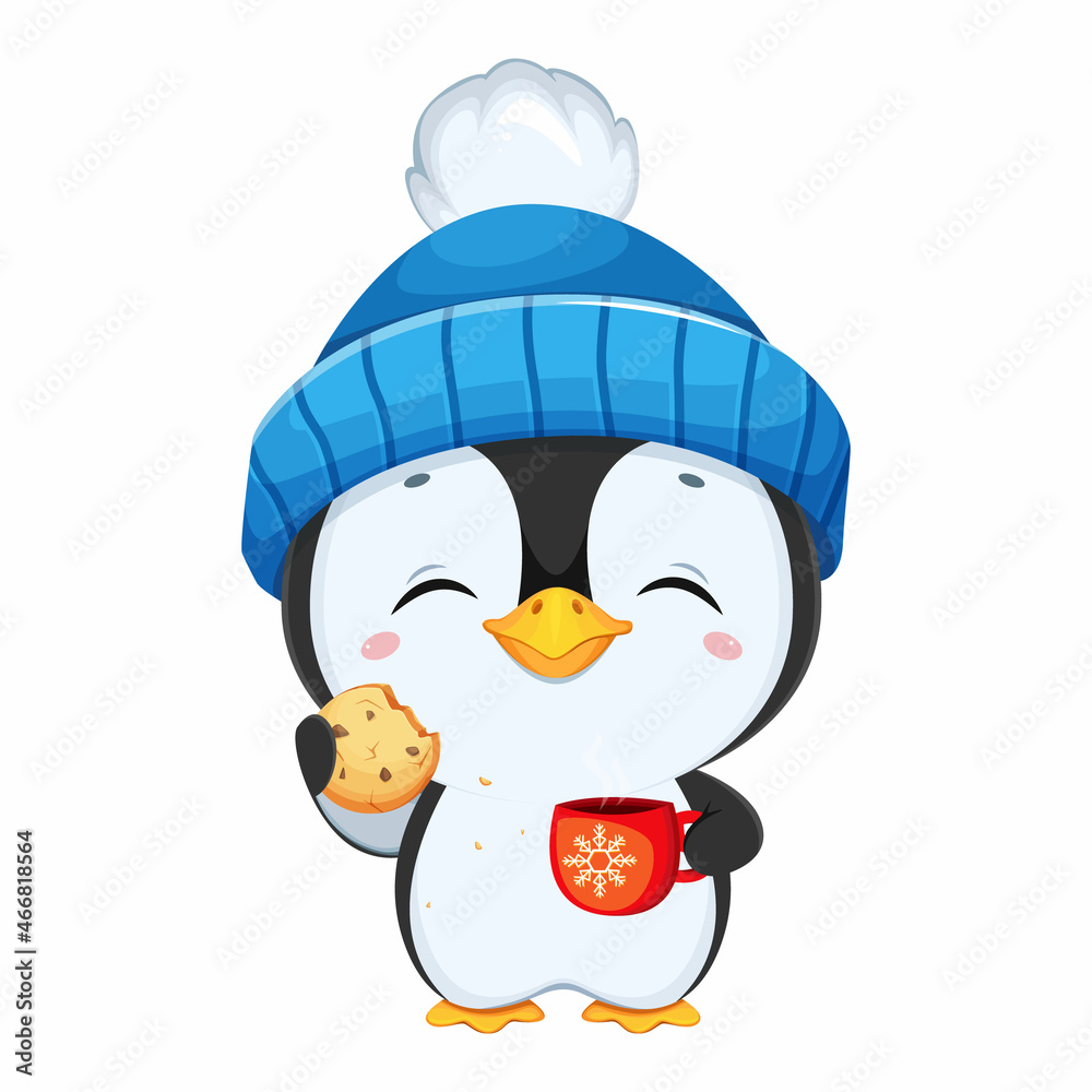 Sticker Cute penguin cartoon character. Funny penguin