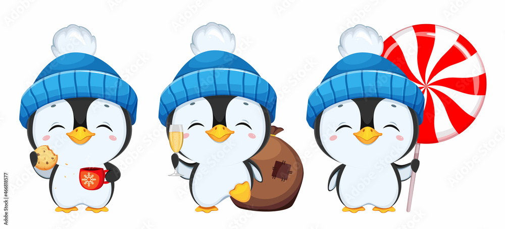 Sticker Cute penguin cartoon character. Funny penguin