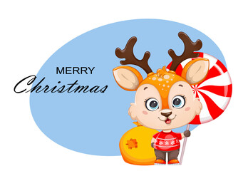 Cute baby deer holding a giant candy