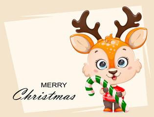 Merry Christmas greeting card. Cute baby deer