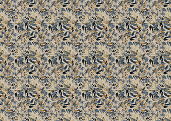 Pattern of leaves in blue and ocher colors. Watercolor and digital techniques.