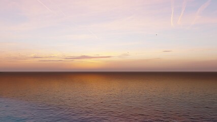 Sunset over the sea and beach. Waves washing the sand, 3d rendering.